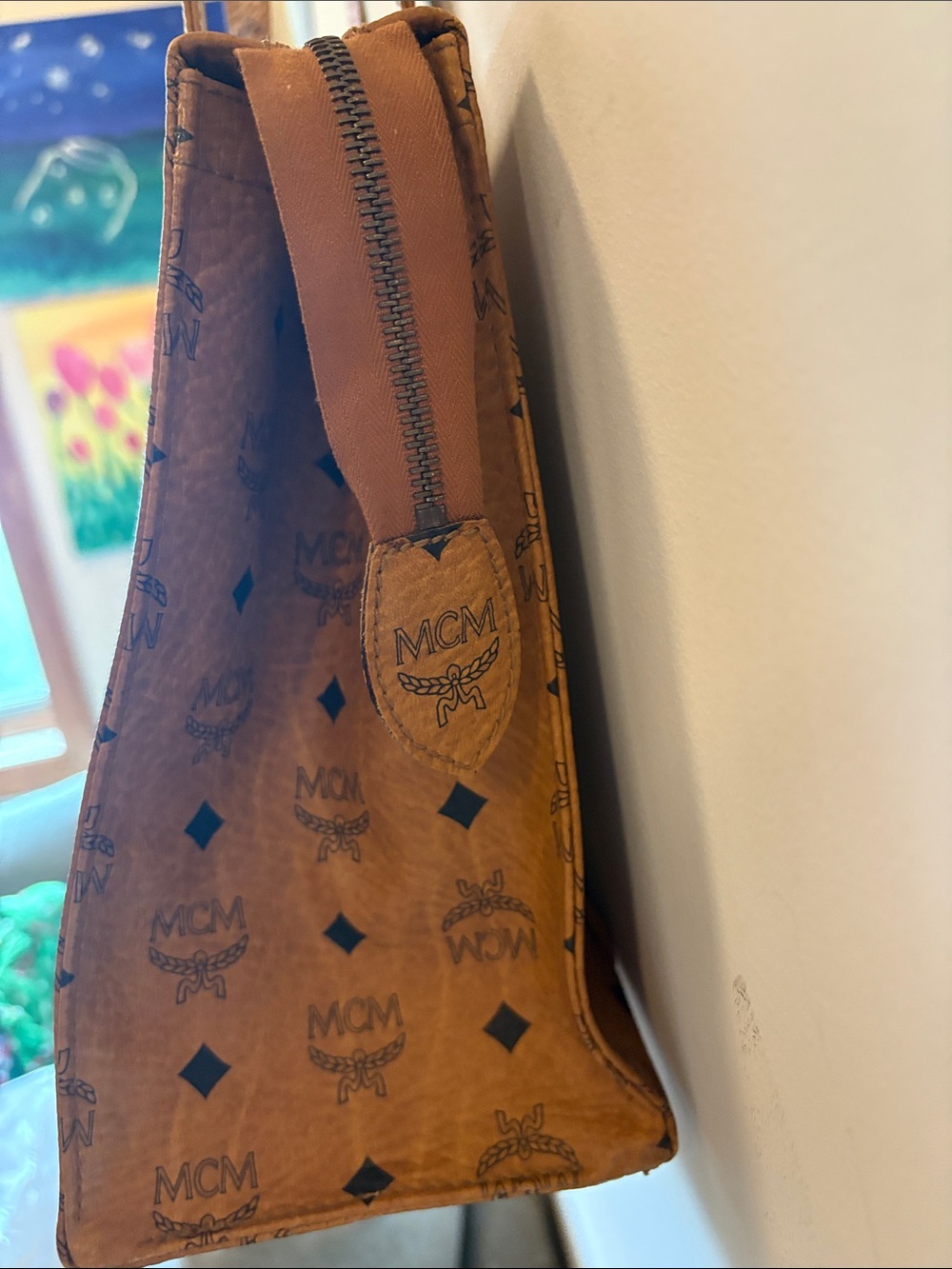 Authentic MCM Cognac Logo Shoulder Tote with Gold - Picture 4 of 7